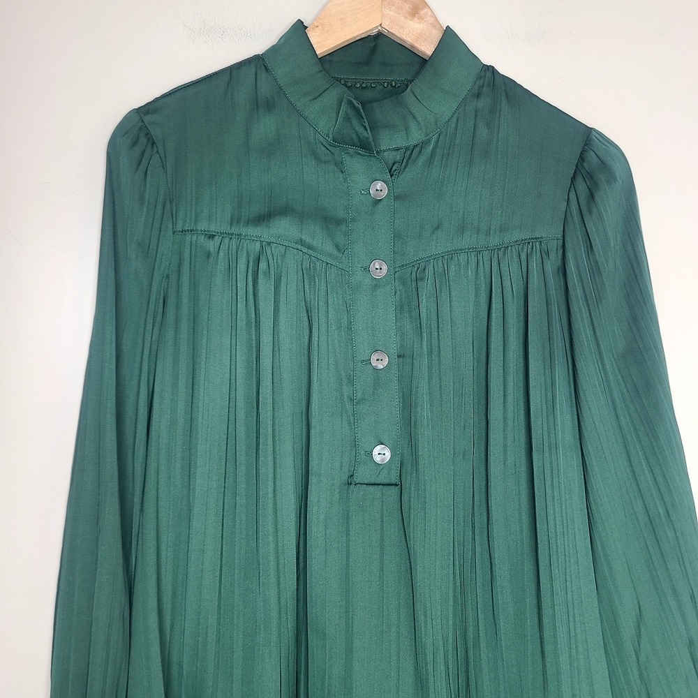 Anthropologie Women's M Green Relaxed Shimmer Long Sleeve Pleated Satin Blouse - Picture 2 of 7